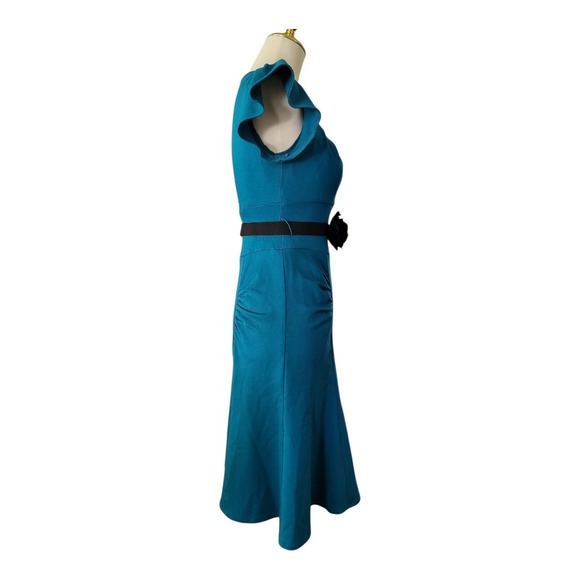 Nanette Lepore Teal Fit & Flare Dress Size 2 Flutter Sleeve Black Flower Belt US - Picture 5 of 8